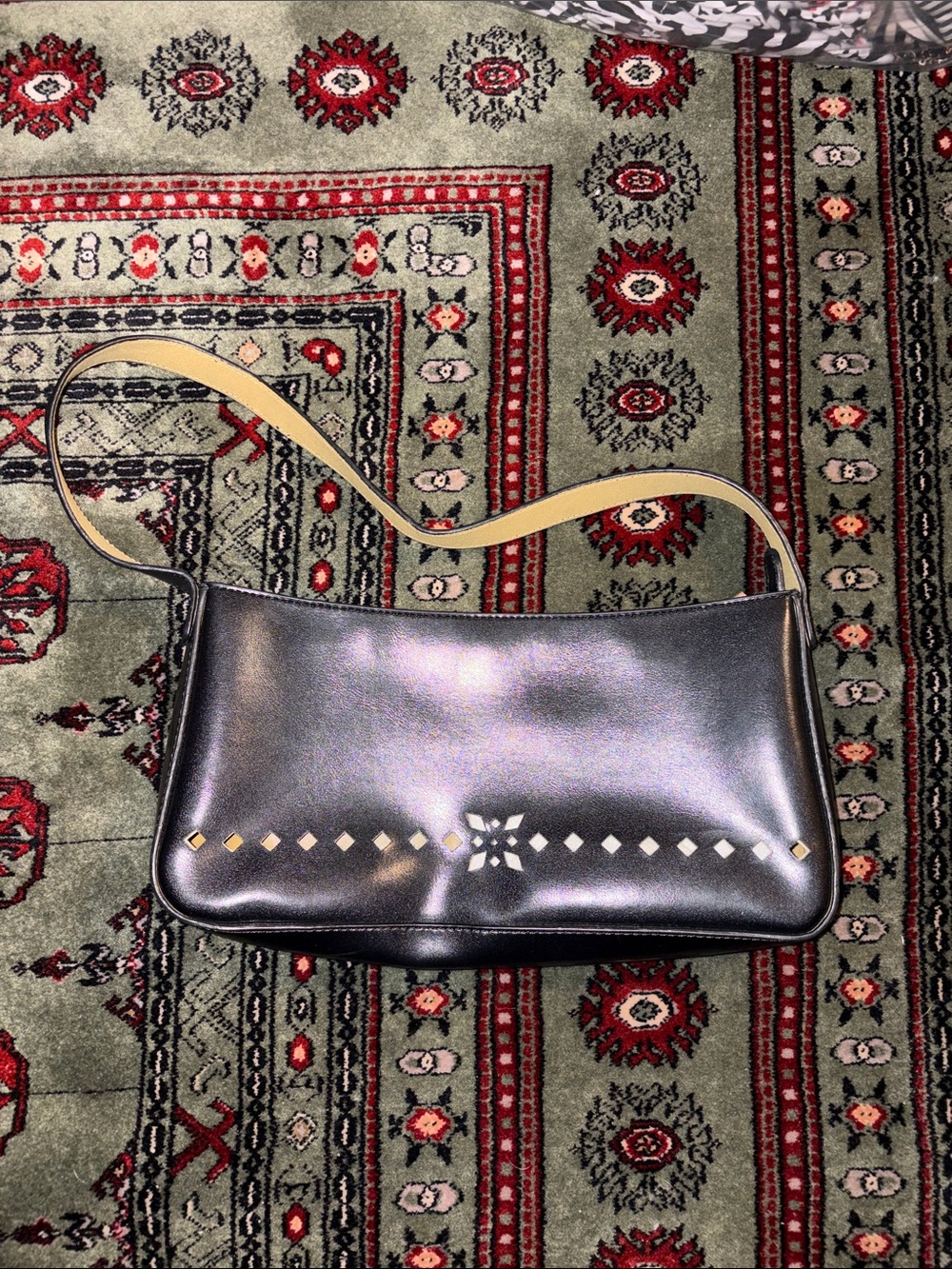 SOLD) Vintage Leather Shoulder Bag with Geometric Stud Detail - Black